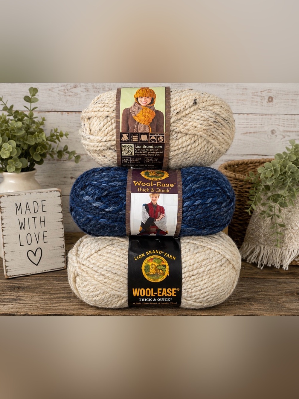 Lion Brand Wool-Ease Thick & Quick Yarn Lot 3 Skeins Oatmeal Wheat River Run New